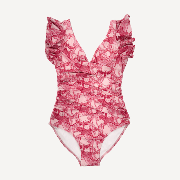 womens flutter sleeve one piece swimsuit | pink moth wallpaper | swim