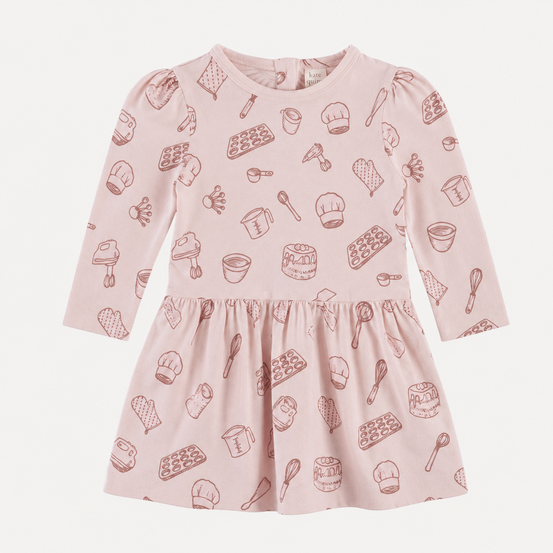 PREORDER long puff sleeve drop waist dress | pink baking | organic cotton interlock