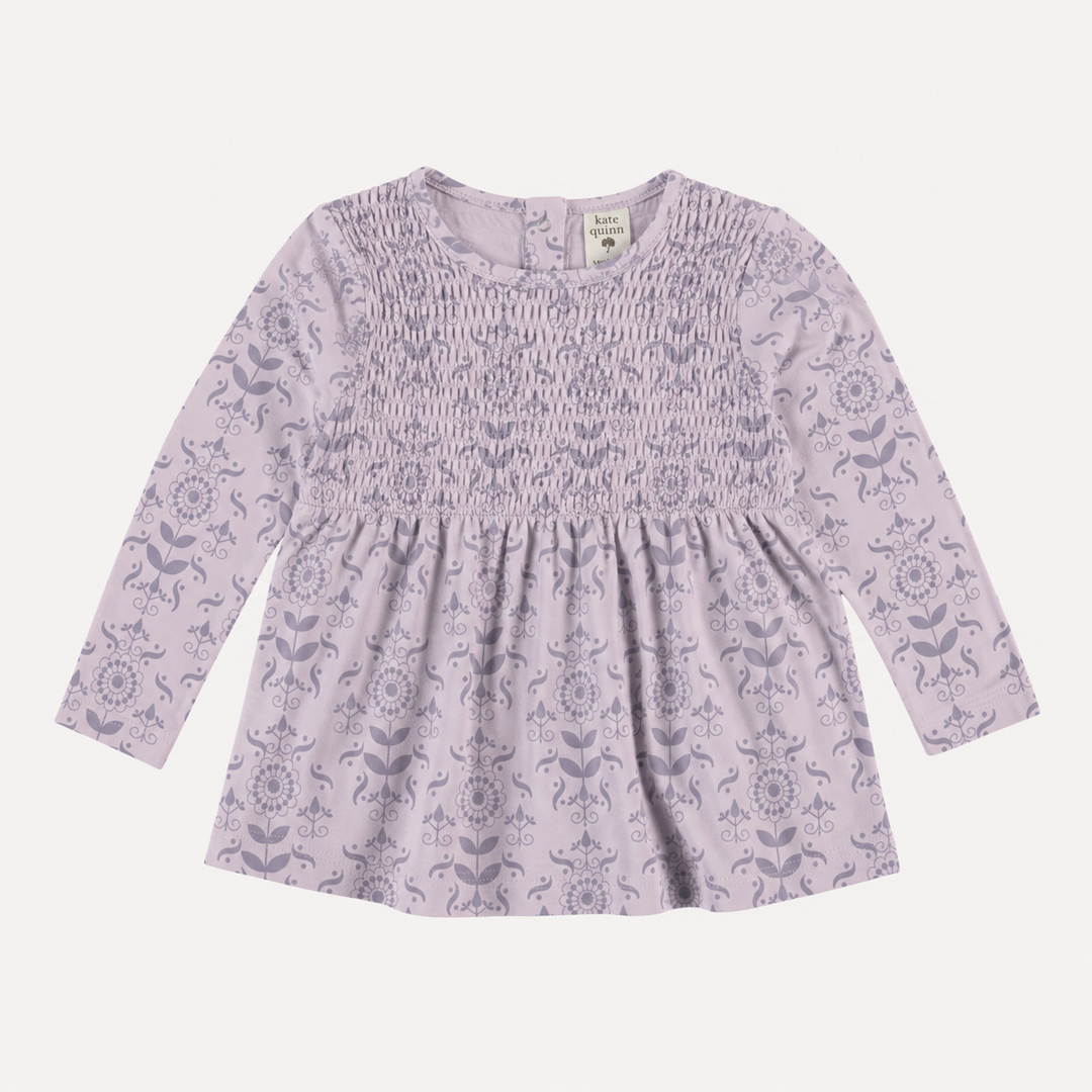 PREORDER long sleeve square neck smocked top | orchid folk wallpaper | organic cotton interlock