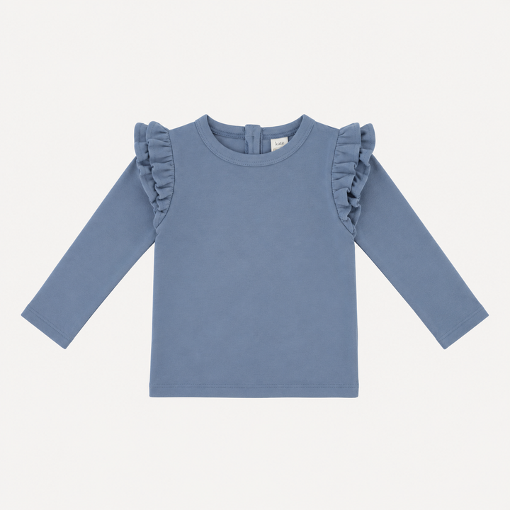 PREORDER long sleeve double ruffle shoulder top | blue lake | organic cotton interlock