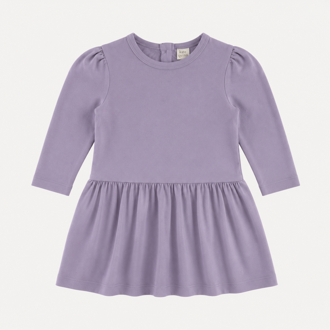 PREORDER long puff sleeve drop waist dress | dusty lavender | organic cotton interlock