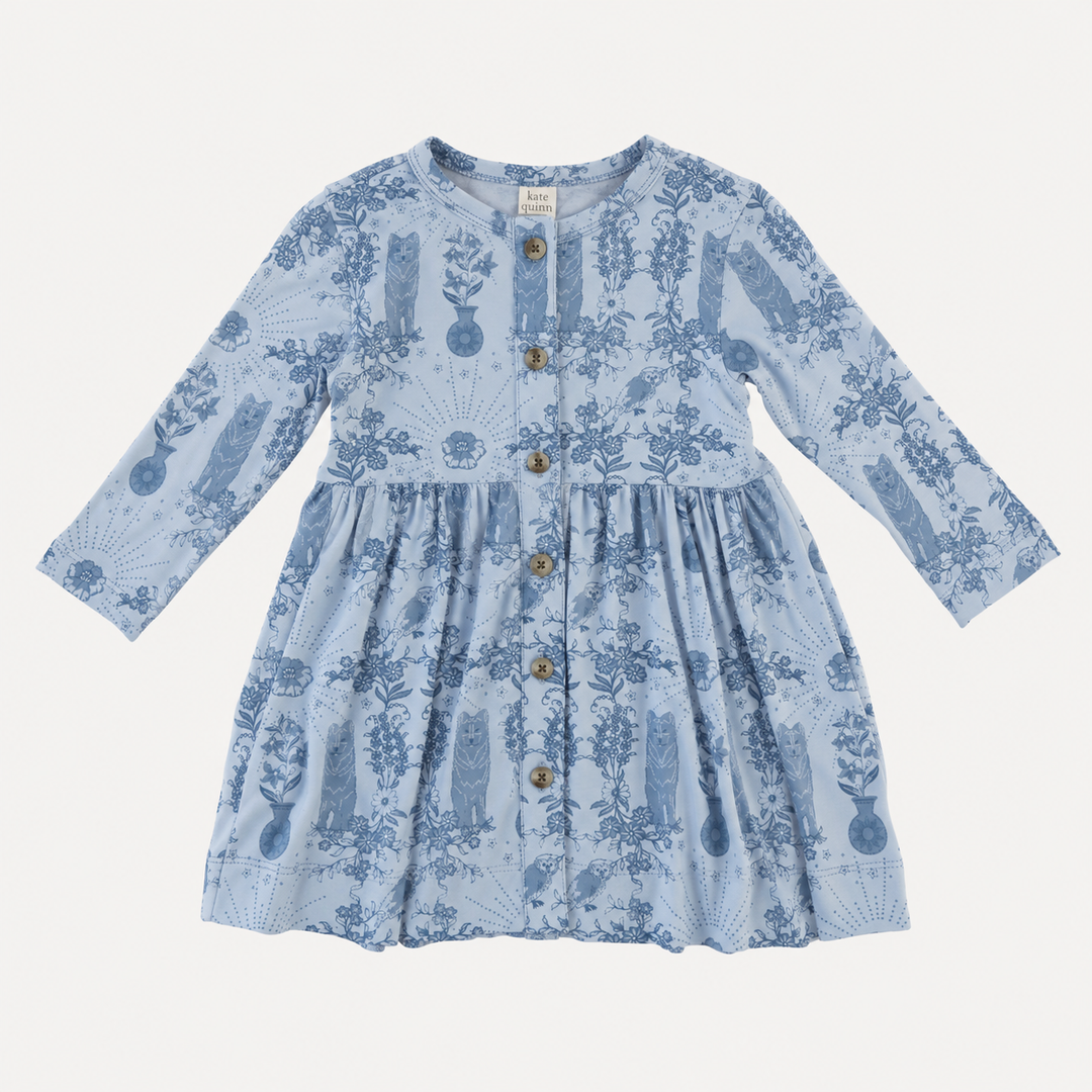 PREORDER long sleeve button front dress | wolf floral | organic cotton interlock