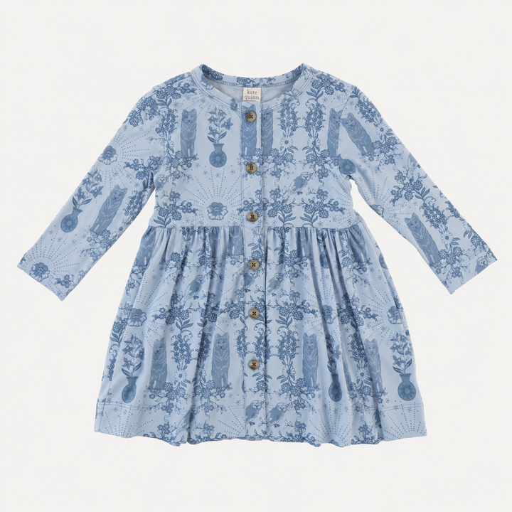PREORDER long sleeve button front dress | wolf floral | organic cotton interlock