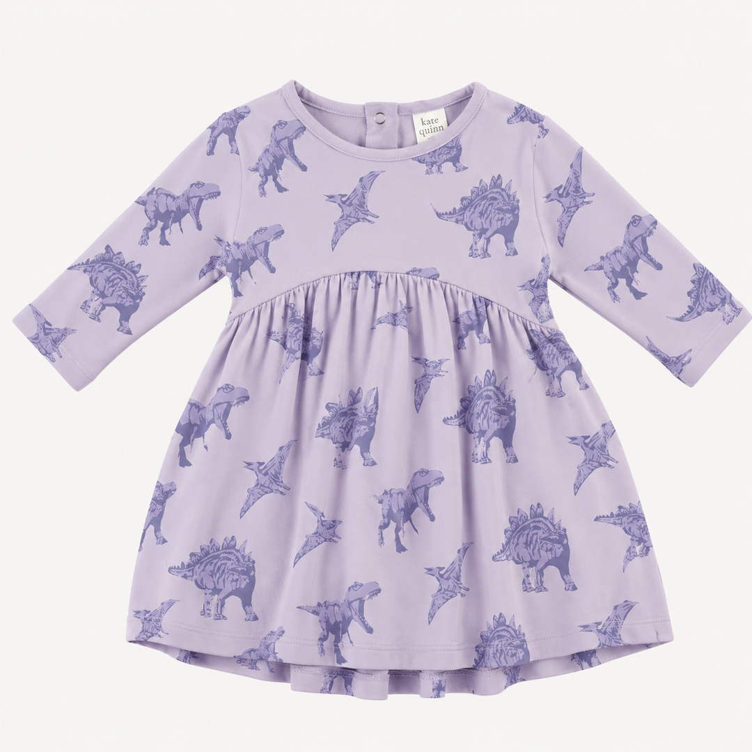 PREORDER long sleeve gathered t-shirt dress | lavender dinosaur | organic cotton interlock