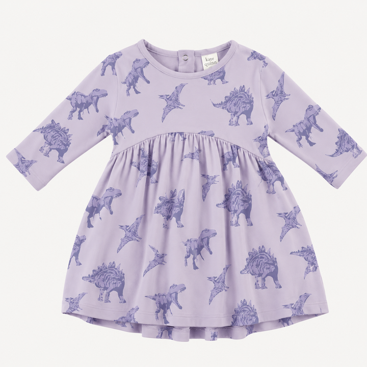 PREORDER long sleeve gathered t-shirt dress | lavender dinosaur | organic cotton interlock