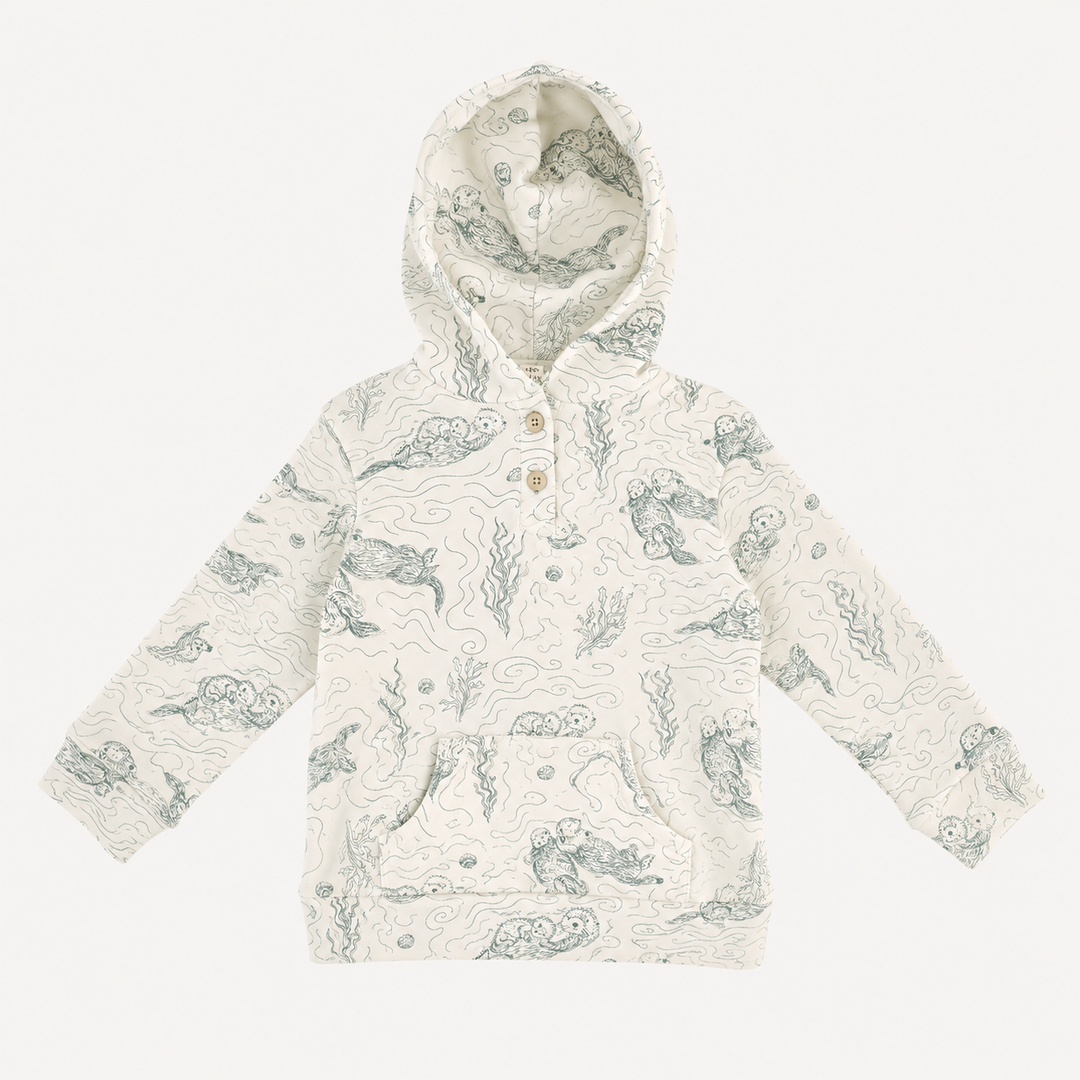 PREORDER long sleeve henley hoodie | green otter family | organic cotton interlock