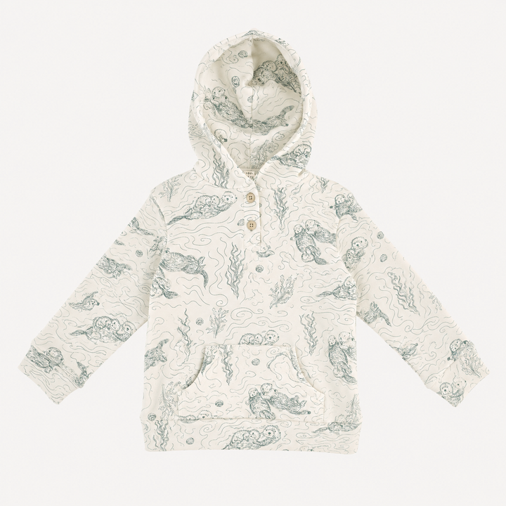 PREORDER long sleeve henley hoodie | green otter family | organic cotton interlock
