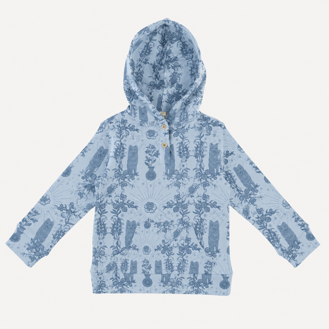 PREORDER long sleeve henley hoodie | wolf floral | organic cotton interlock