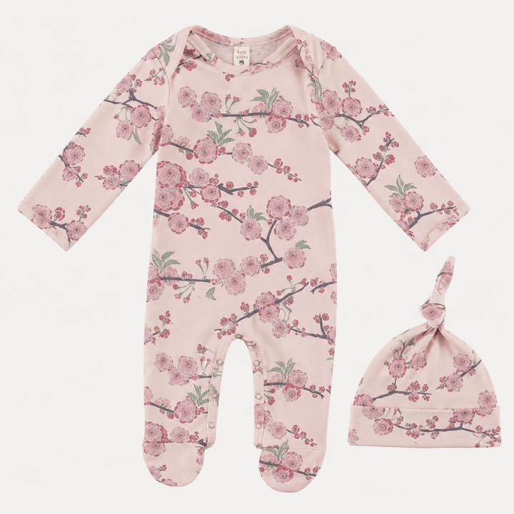 PREORDER long sleeve lap neck footie + knot hat set | cherry blossom | organic cotton interlock