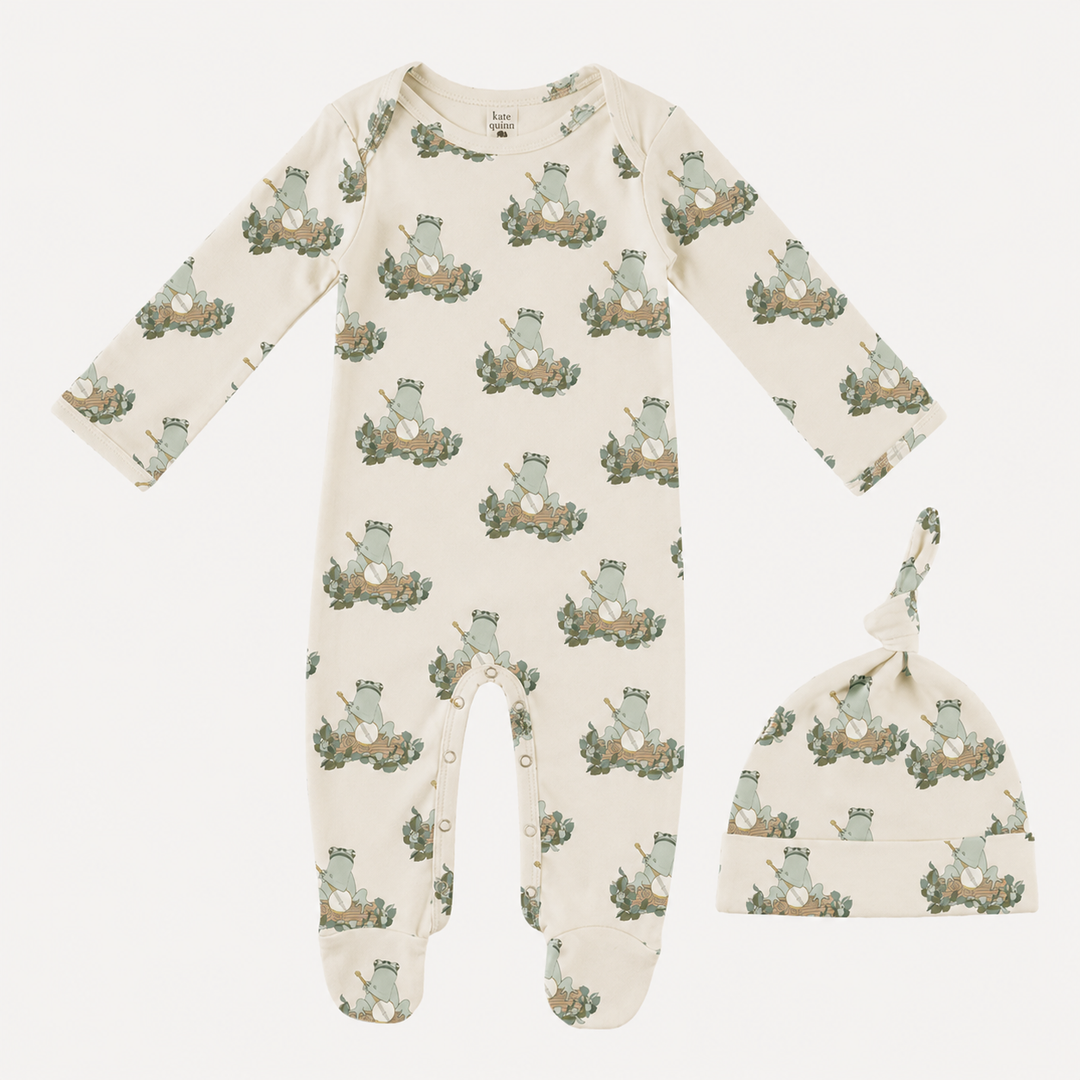 PREORDER long sleeve lap neck footie + knot hat set | banjo frog | organic cotton interlock