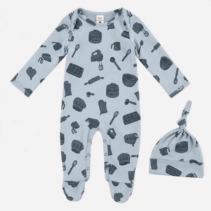 PREORDER long sleeve lap neck footie + knot hat set | blue baking | organic cotton interlock
