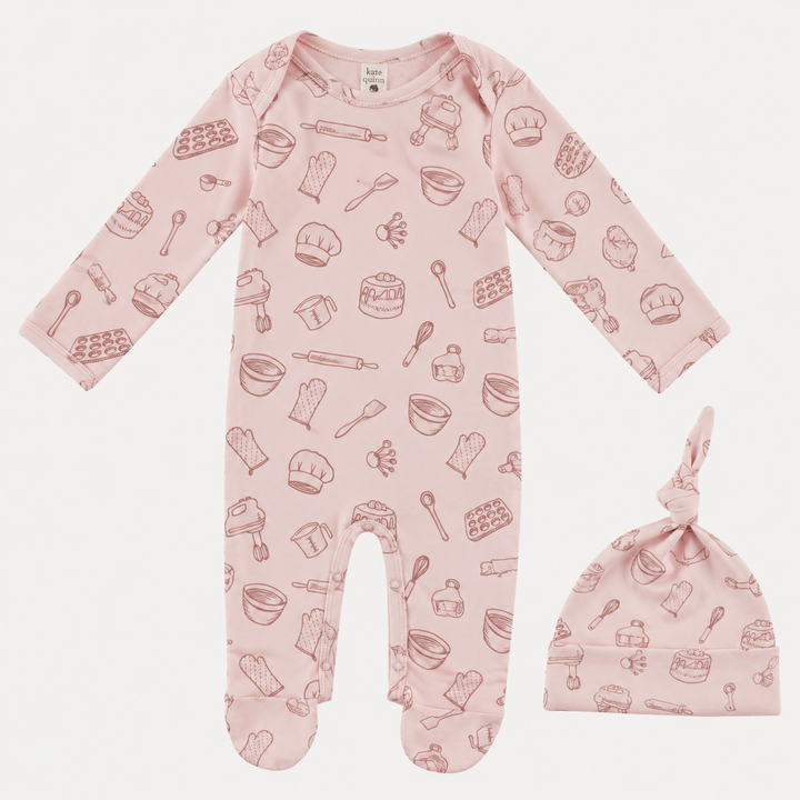 PREORDER long sleeve lap neck footie + knot hat set | pink baking | organic cotton interlock