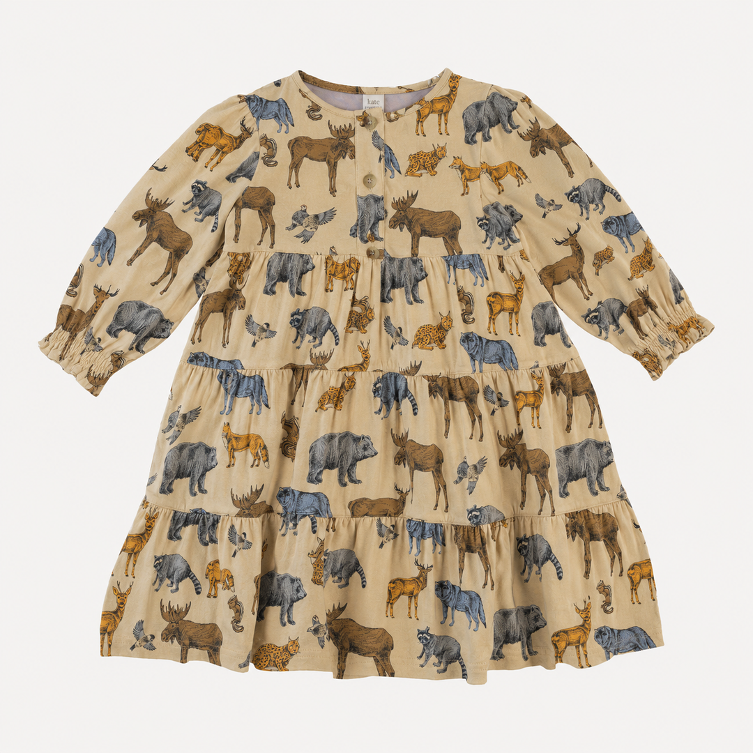 PREORDER long sleeve prairie dress | forest animals | organic cotton interlock