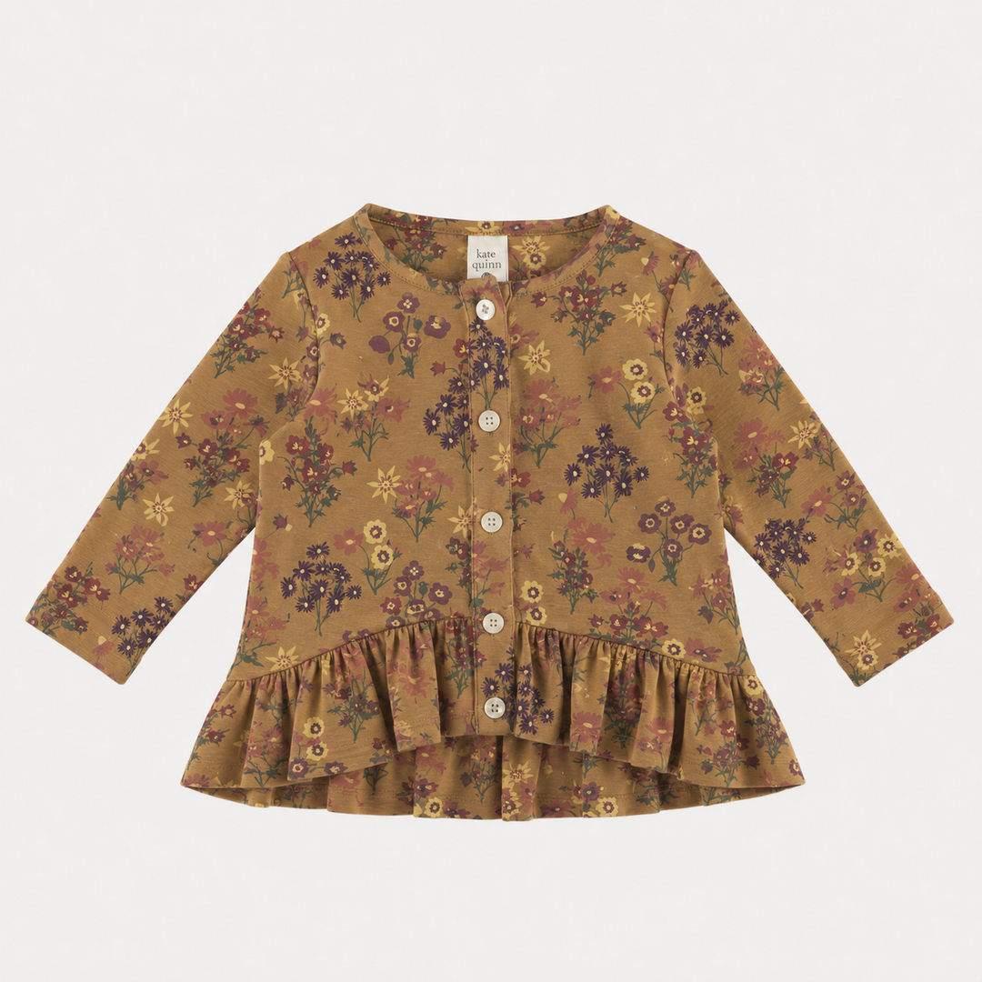 PREORDER long sleeve ruffle button top | apple cinnamon floral bouquet | organic cotton interlock