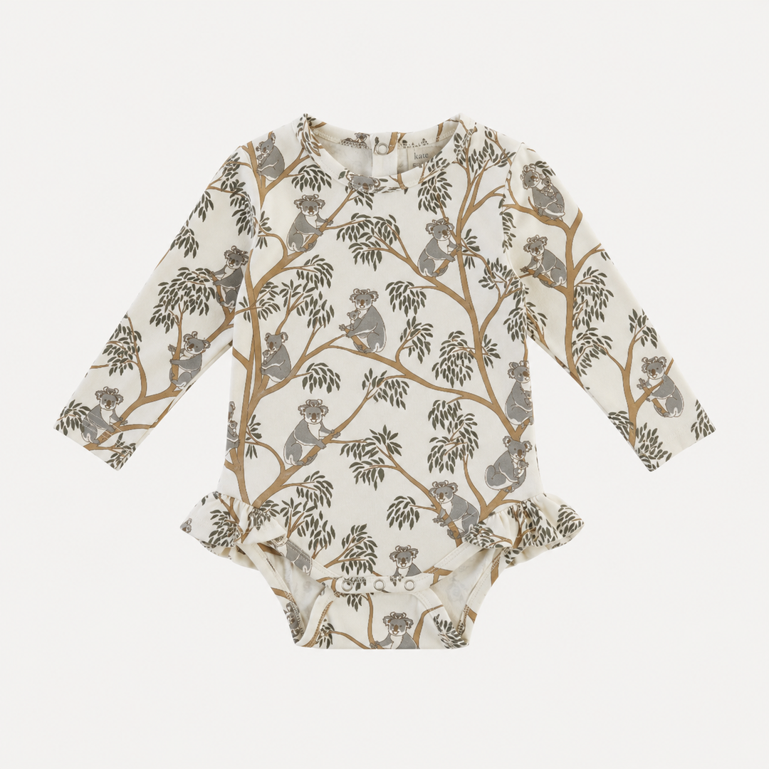 PREORDER long sleeve ruffle leg bodysuit | koala | organic cotton interlock