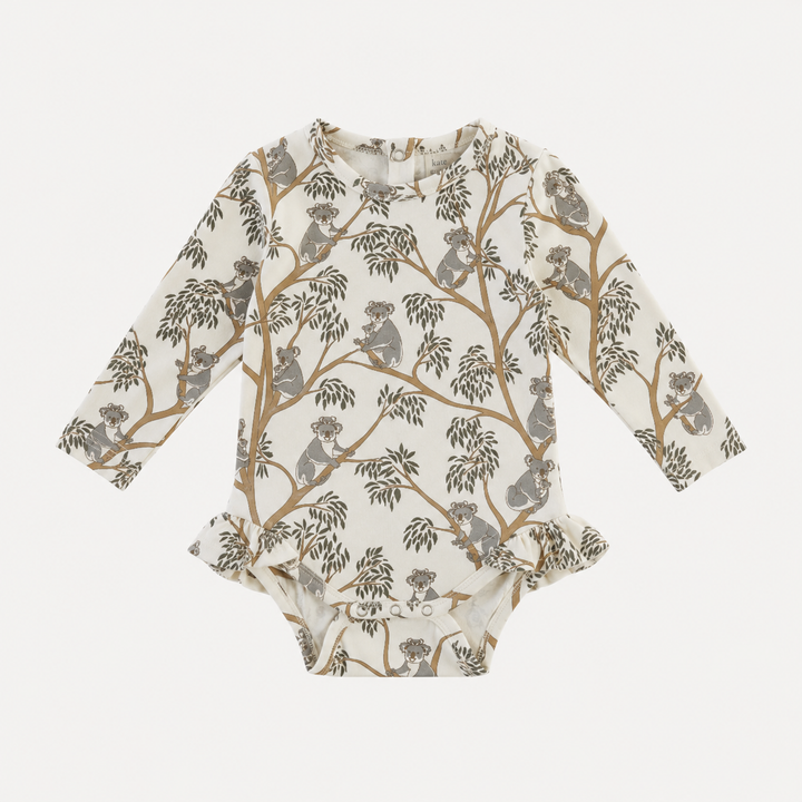 PREORDER long sleeve ruffle leg bodysuit | koala | organic cotton interlock