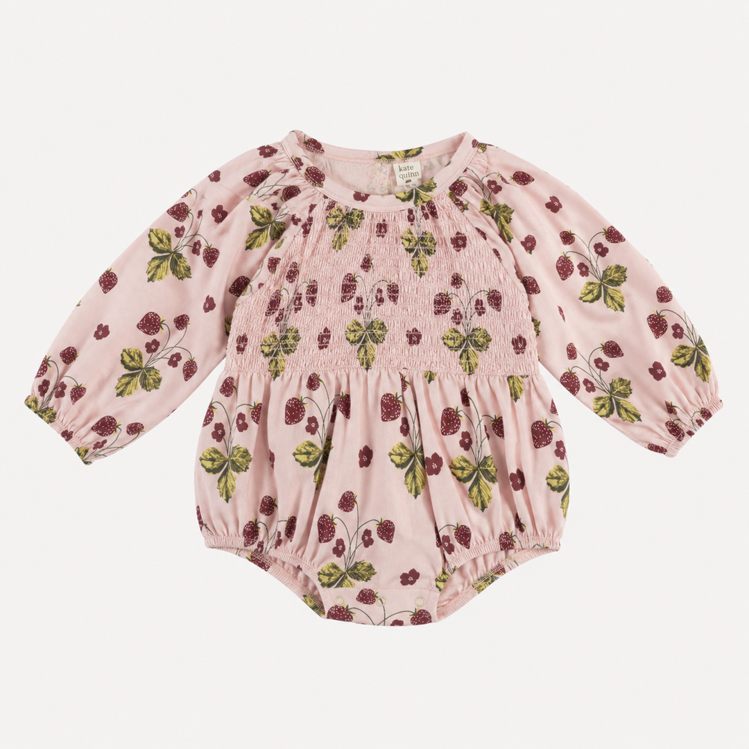 PREORDER long sleeve smocked bubble | mauve chalk strawberry | organic cotton interlock