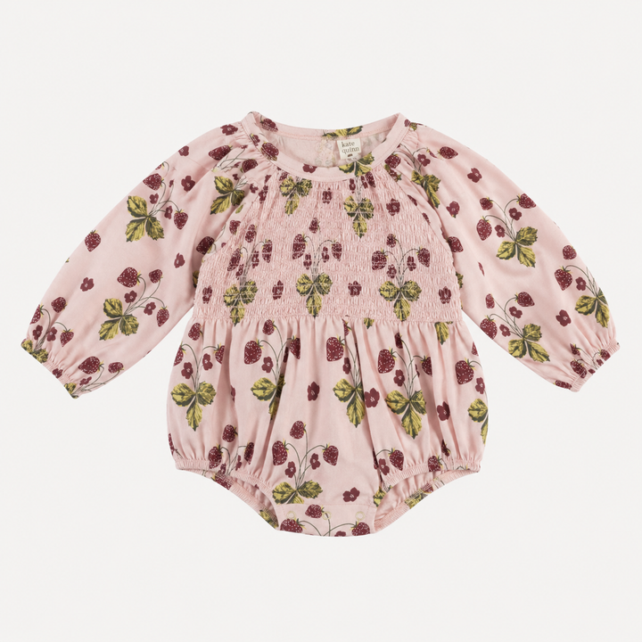 PREORDER long sleeve smocked bubble | mauve chalk strawberry | organic cotton interlock