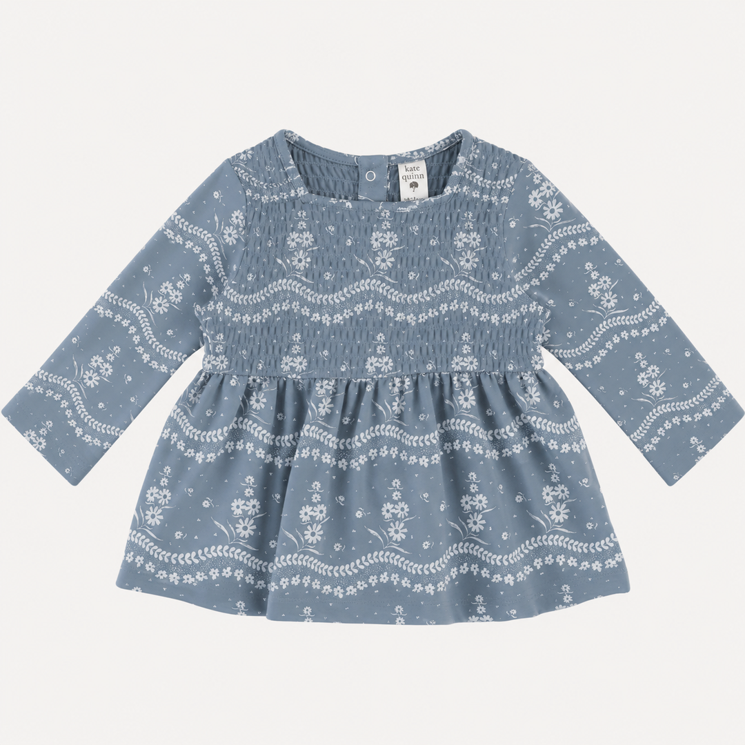 PREORDER long sleeve square neck smocked top | storm floral lace | organic cotton interlock