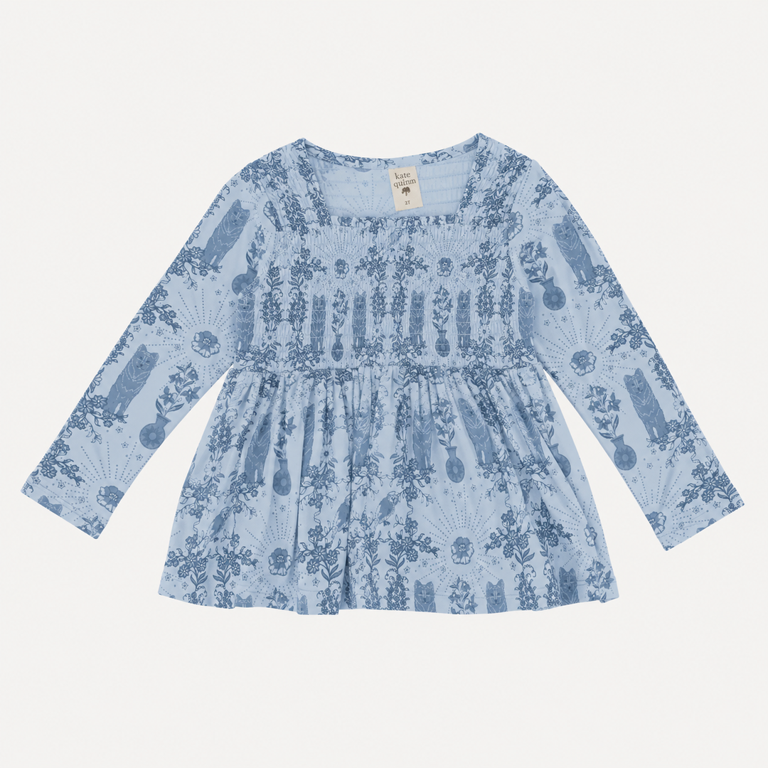 PREORDER long sleeve square neck smocked top | wolf floral | organic cotton interlock