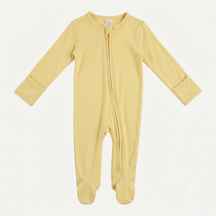 PREORDER long sleeve two way zipper footie | butter yellow | organic cotton interlock