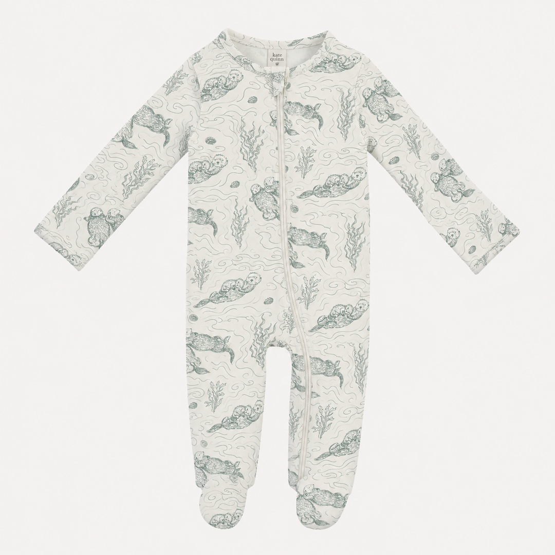 PREORDER long sleeve two way zipper footie | green otter family | organic cotton interlock