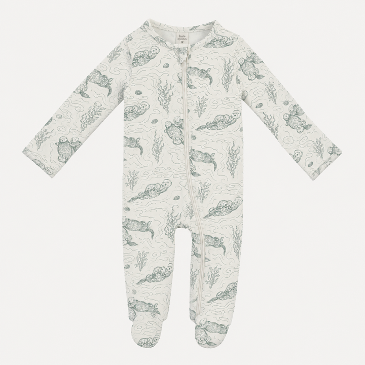 PREORDER long sleeve two way zipper footie | green otter family | organic cotton interlock