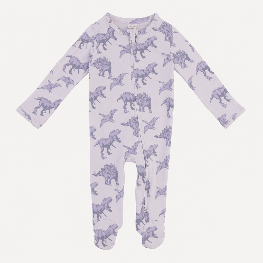 PREORDER long sleeve two way zipper footie | lavender dinosaur | organic cotton interlock