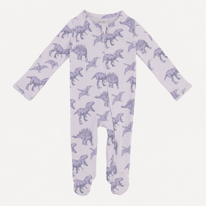 PREORDER long sleeve two way zipper footie | lavender dinosaur | organic cotton interlock