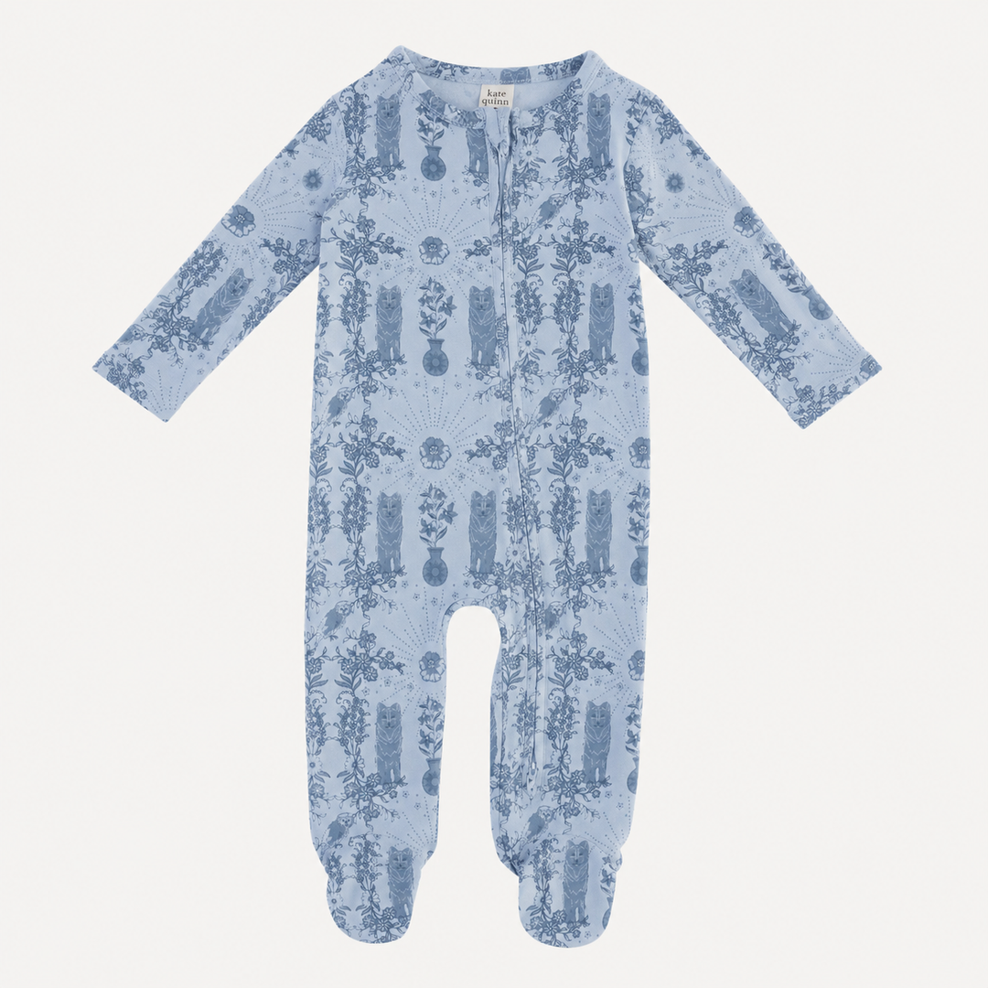 PREORDER long sleeve two way zipper footie | wolf floral | organic cotton interlock