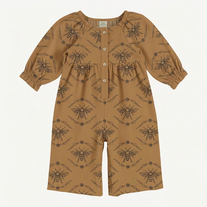 PREORDER long sleeve woodland gaucho jumpsuit | apple cinnamon bee floral | organic cotton interlock