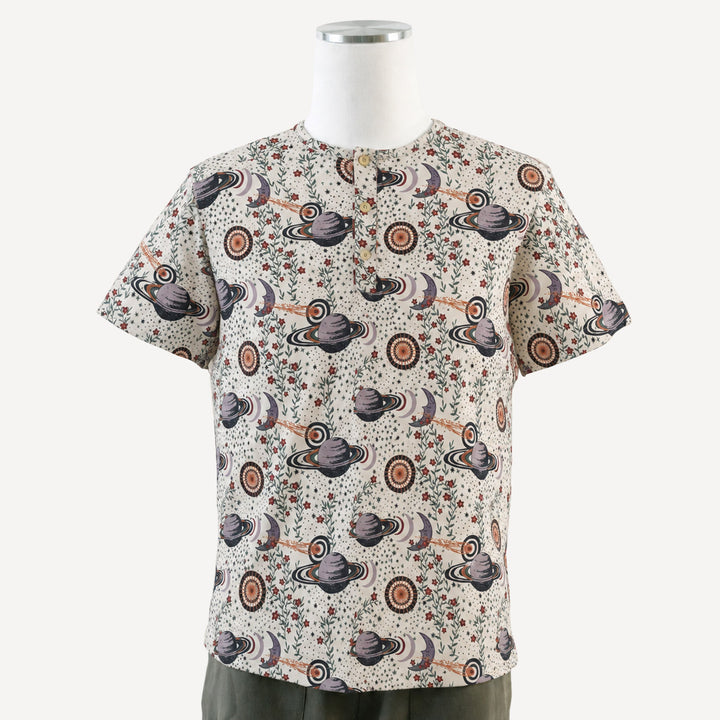 PREORDER mens short sleeve henley top | mystical planets | bamboo