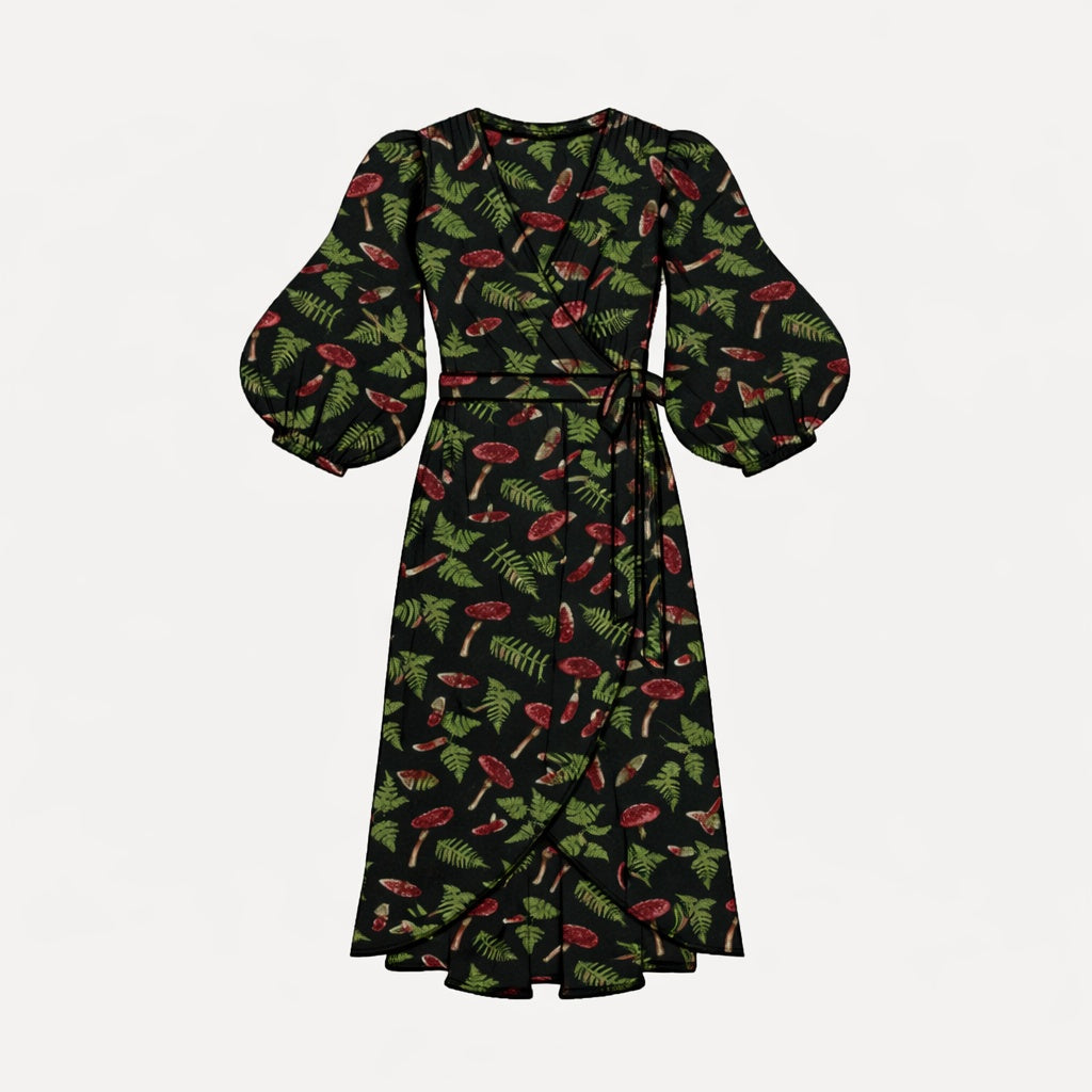womens balloon sleeve midi wrap dress | scarlet mushroom fern | organic cotton interlock