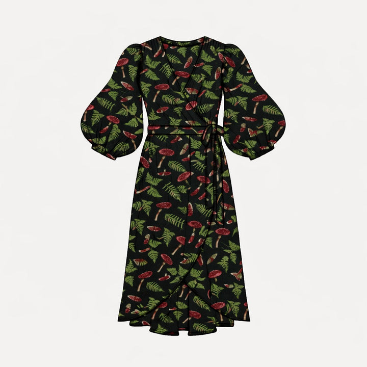 womens balloon sleeve midi wrap dress | scarlet mushroom fern | organic cotton interlock