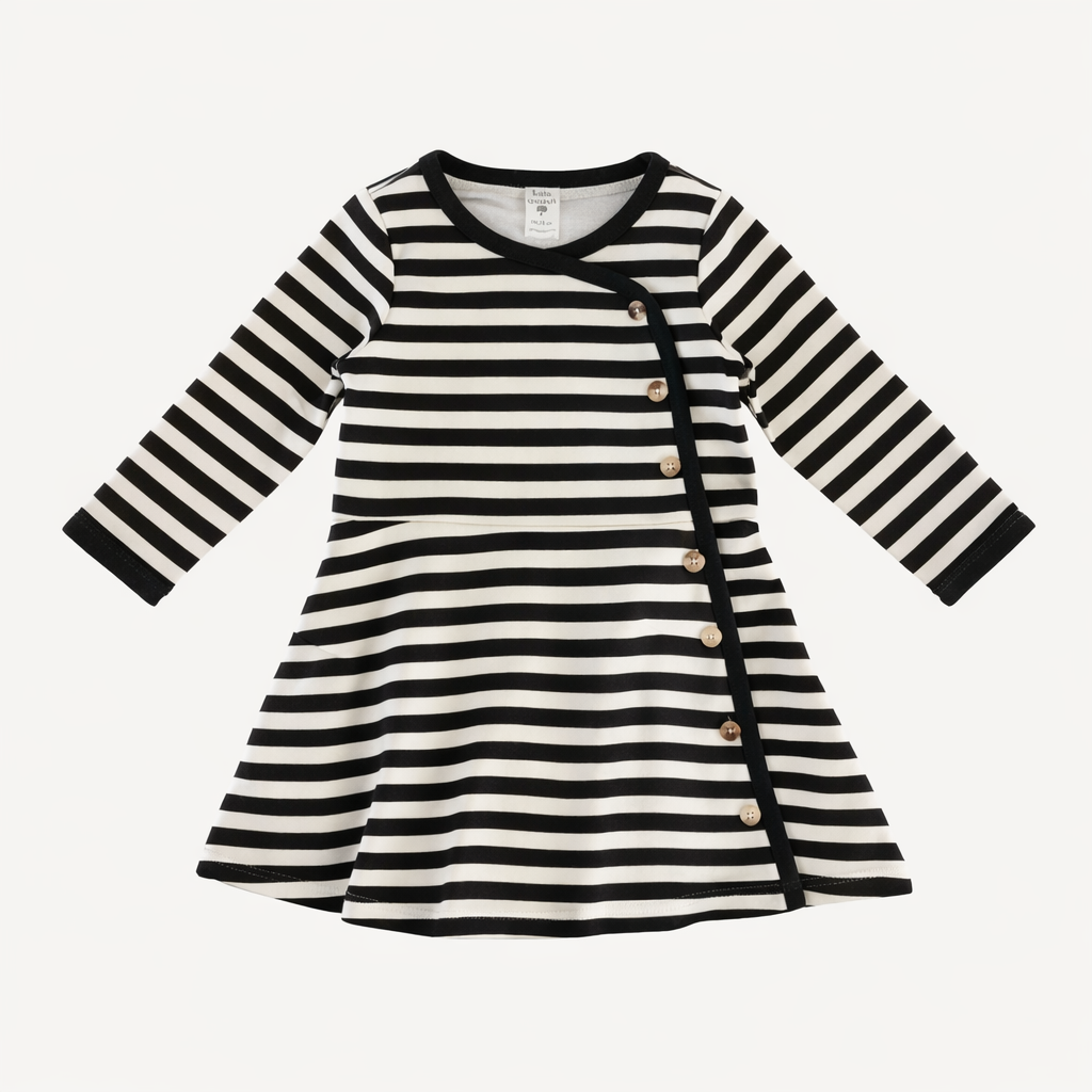long sleeve button wrap dress | black & white stripes | organic cotton interlock