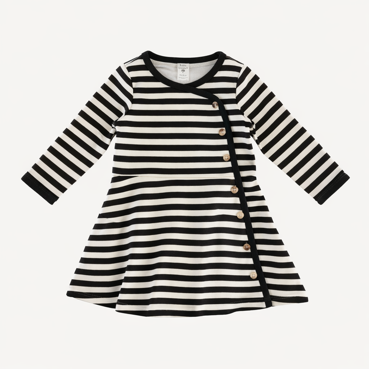 long sleeve button wrap dress | black & white stripes | organic cotton interlock