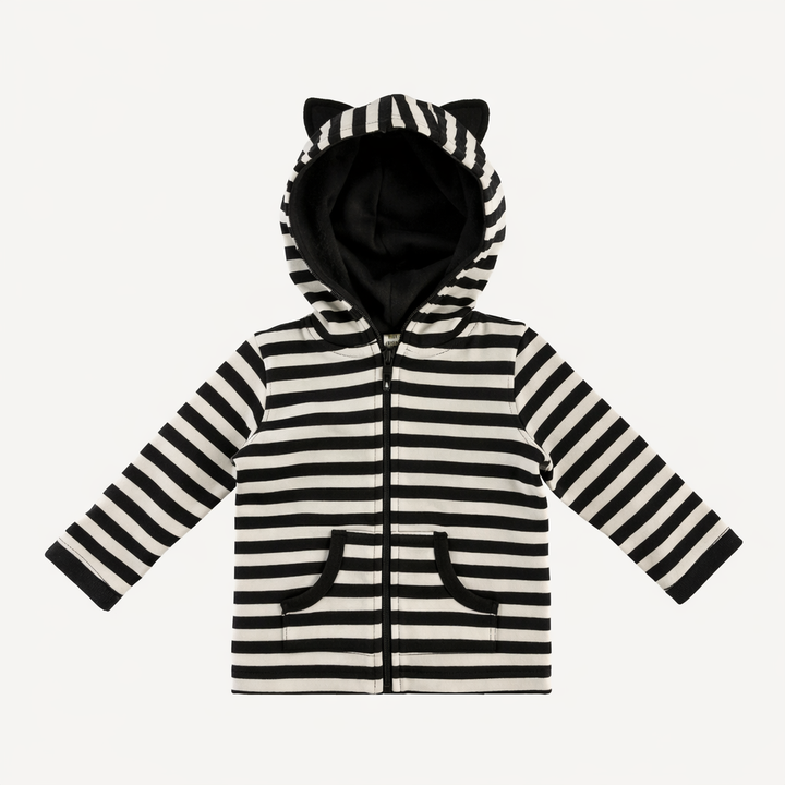 long sleeve cat zipper hoodie | black & white stripes | organic cotton interlock