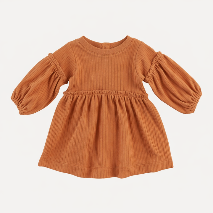 long bubble sleeve dress | caramel | organic cotton wide rib