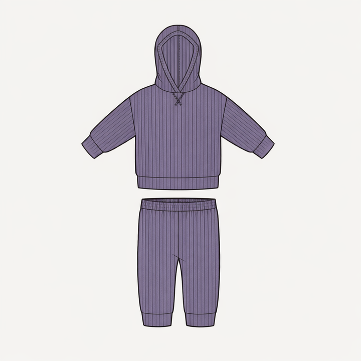 long sleeve hooded cuffed jogger set | purple sage | organic cotton wide rib