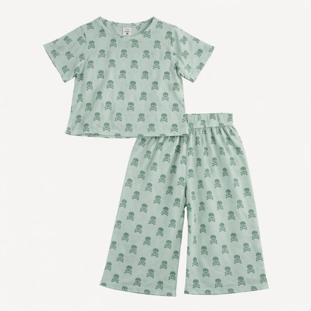 short sleeve jade set | green skulls | organic cotton interlock