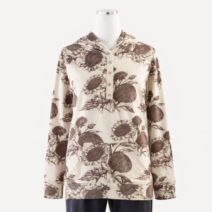 womens long sleeve henley pocket hoodie | raisin sunflower | organic cotton interlock
