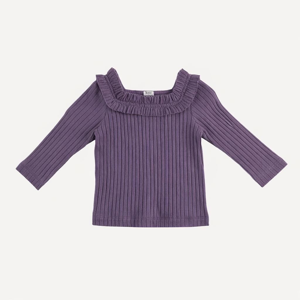 long sleeve ruffle square neck top | purple sage | organic cotton wide rib