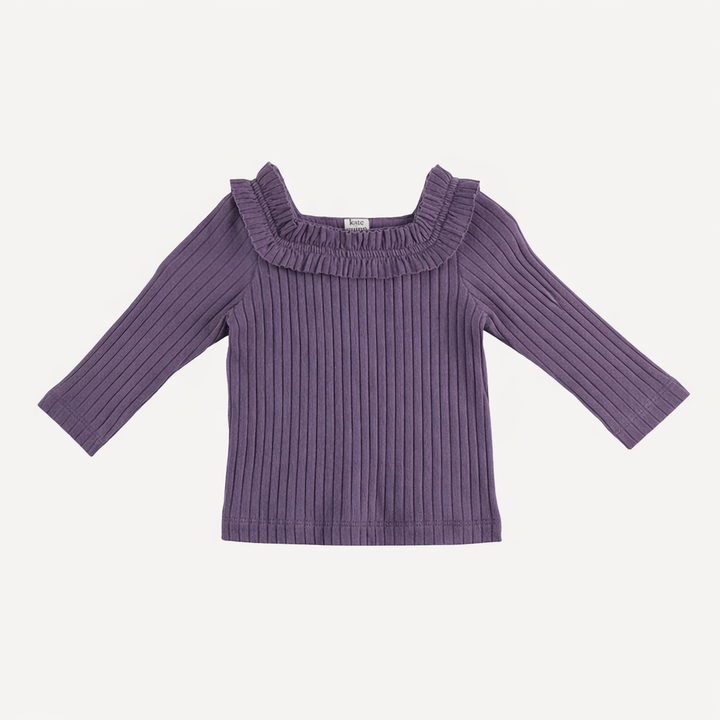 long sleeve ruffle square neck top | purple sage | organic cotton wide rib