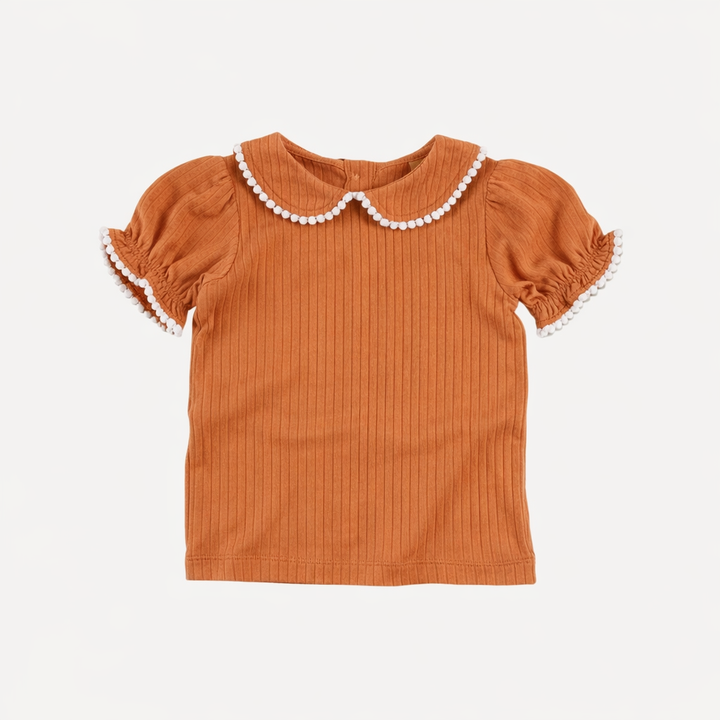 short sleeve peter pan pom pom top | caramel | organic cotton wide rib