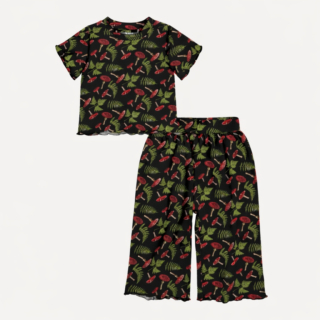 womens short sleeve jade set | scarlet mushroom fern | organic cotton interlock