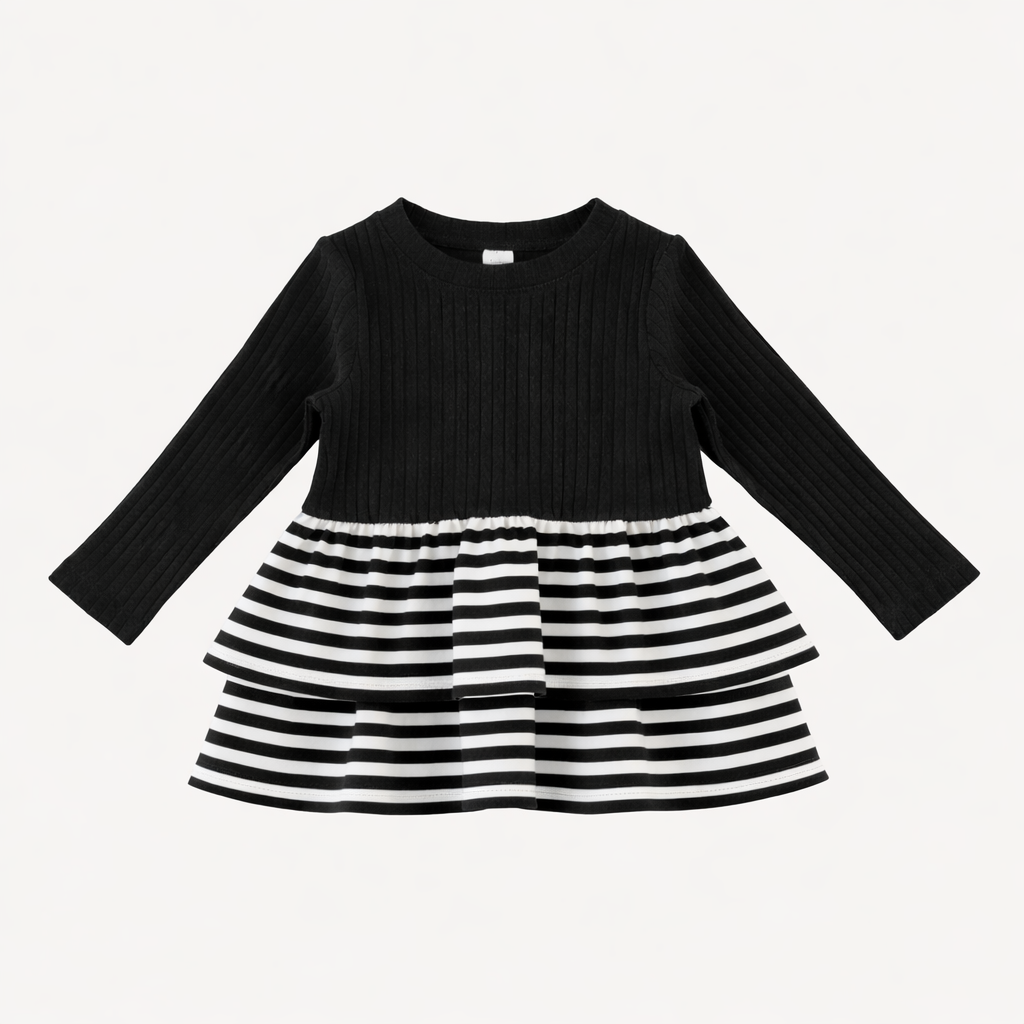 long sleeve double skirted ruffle top | black & white stripes | organic cotton interlock