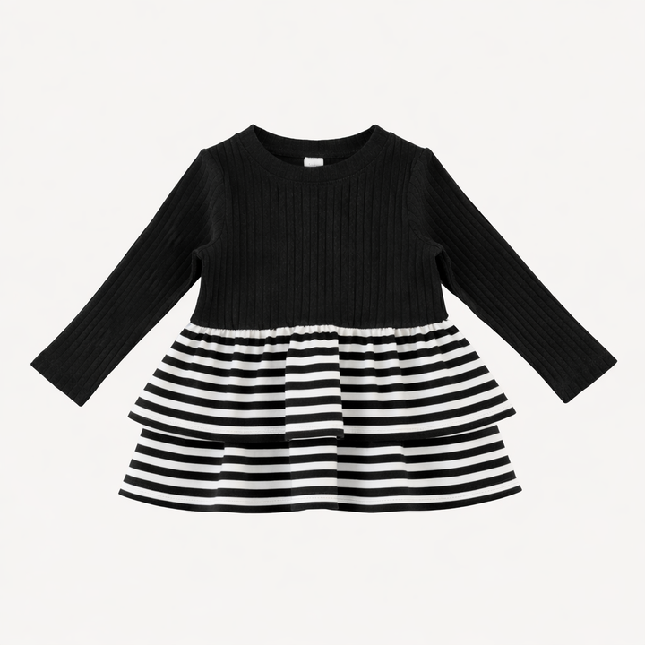 long sleeve double skirted ruffle top | black & white stripes | organic cotton interlock