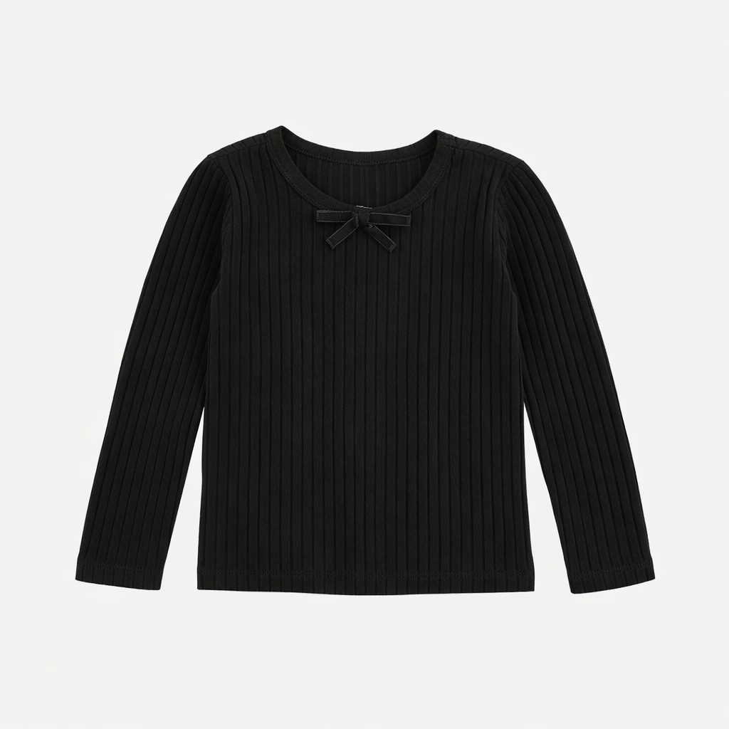 long sleeve sarah bow top | black | organic cotton wide rib