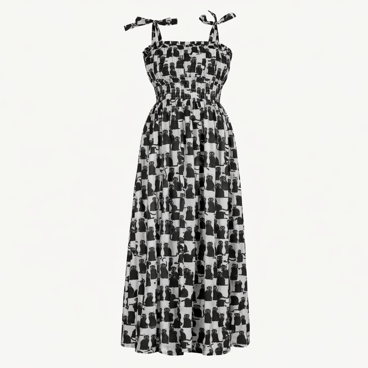 womens spaghetti tie winnie dress | black cats | organic cotton interlock