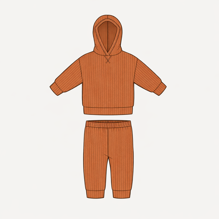 long sleeve hooded cuffed jogger set | caramel | organic cotton wide rib